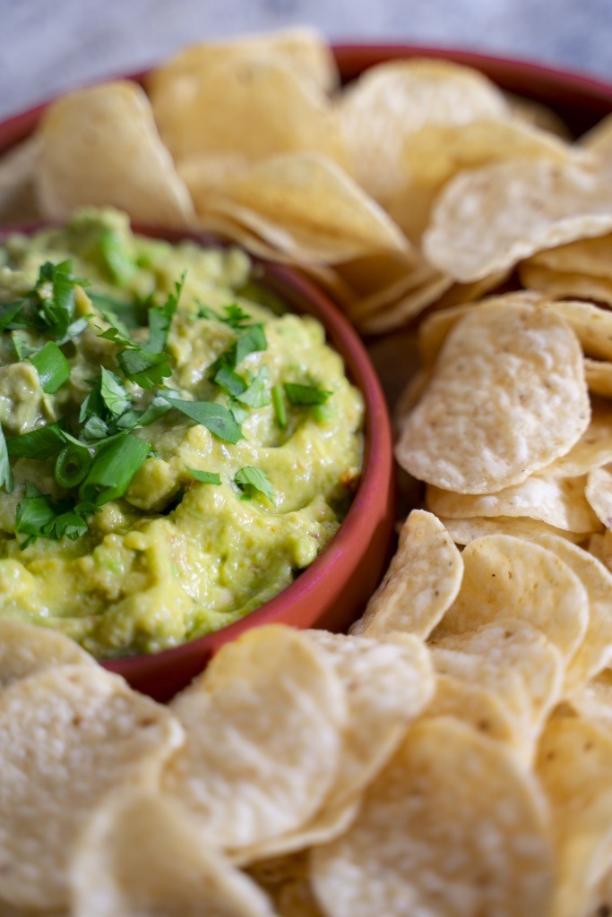 Closeup of Kacey's Killer Guacamole Recipe with Chips