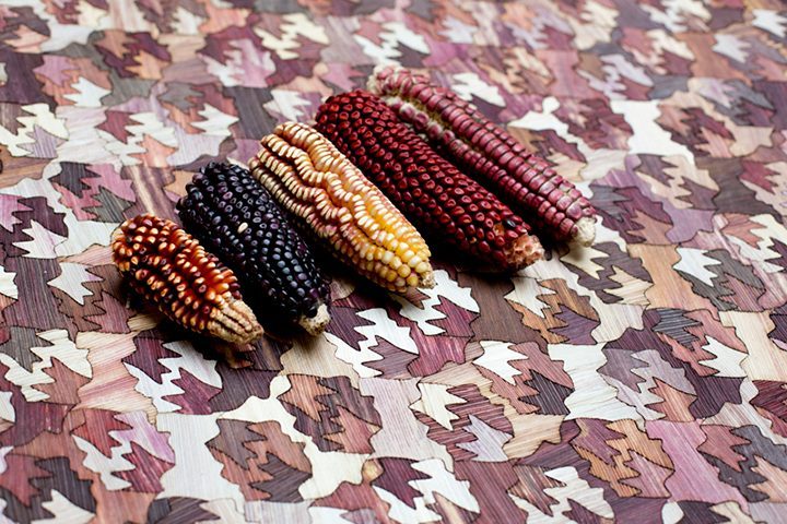 colored corn, wood, table