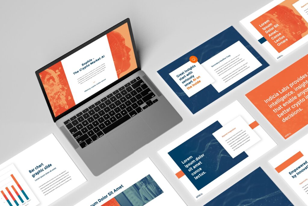 Slide templates with one slide on a laptop computer, orange and blue colors on slides and copy layout examples