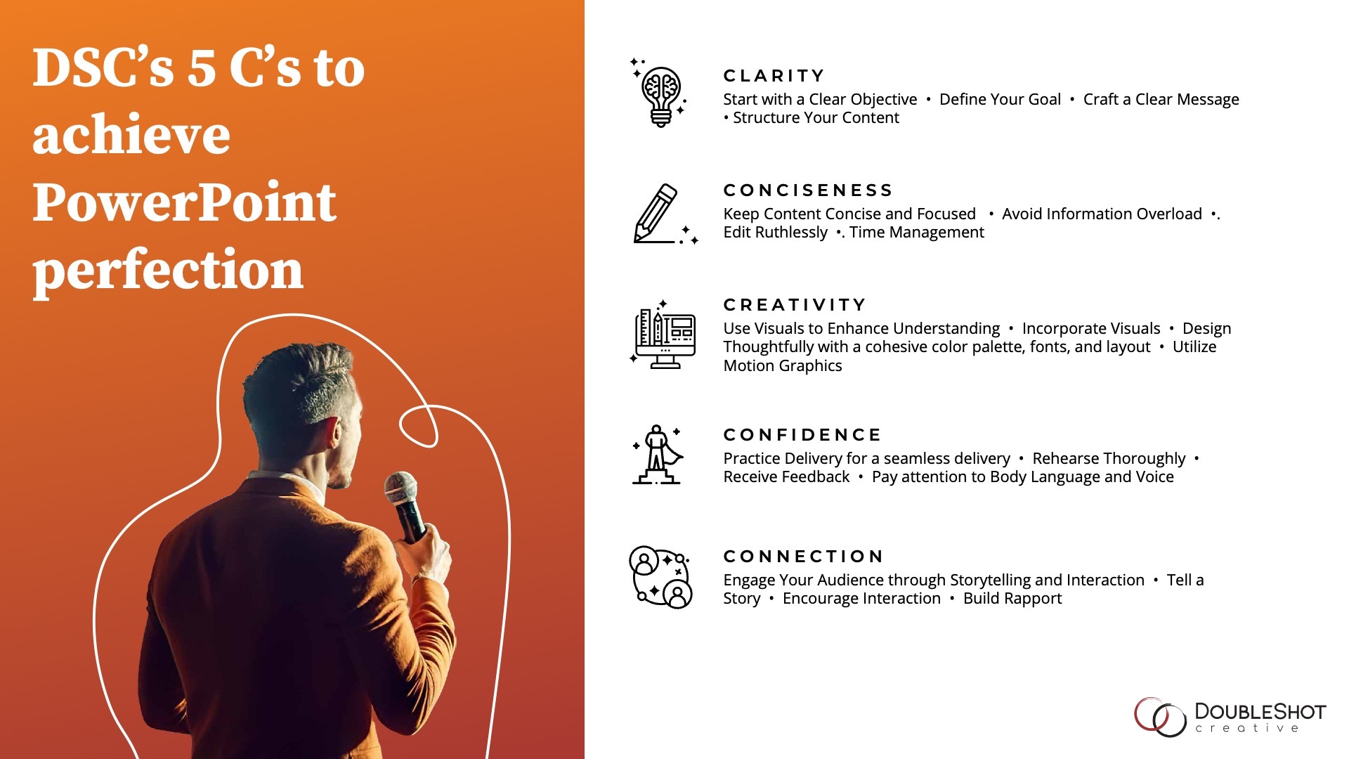 A slide that includes the 5 Cs of PowerPoint perfection -- clarity, conciseness, creativity, confidence, and connection