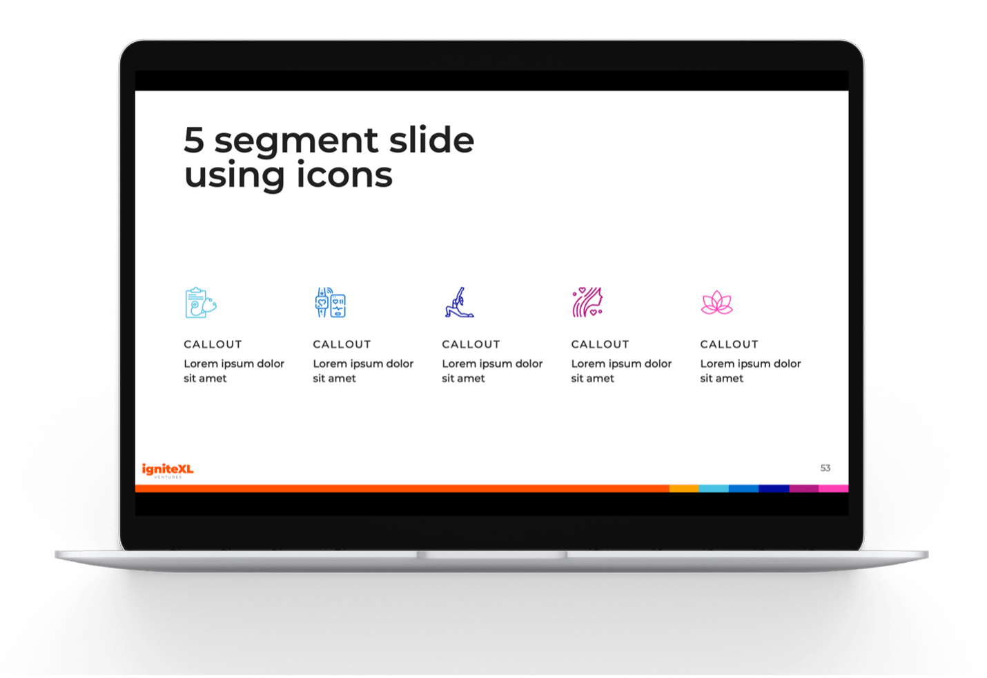 a slide template with 5 sections including icons and short blurb of text