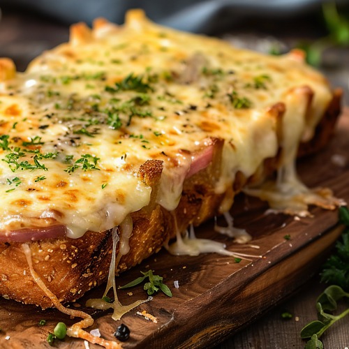 Croque Monsieur: a golden, cheesy ham and cheese sandwich with béchamel sauce. Croque Monsieur: a golden, cheesy ham and cheese sandwich with béchamel sauce.