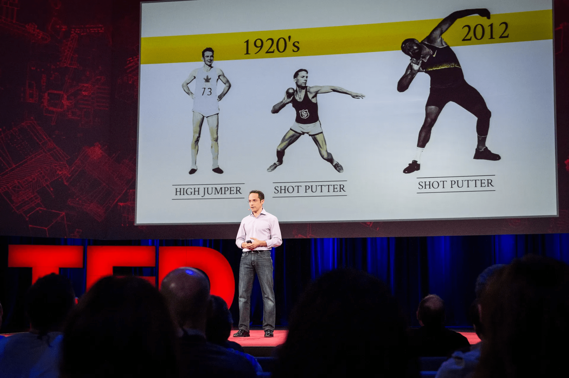TED presenter with history of track and field behind him.