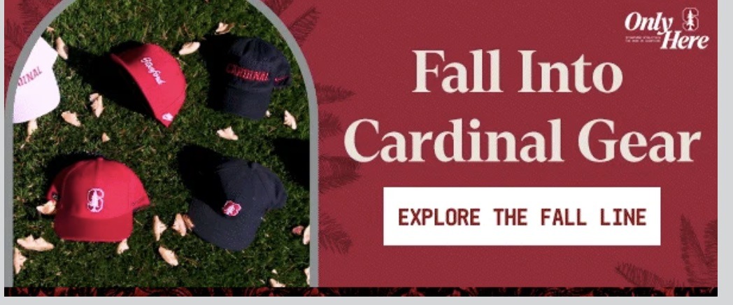 Stanford University email promoting an upcoming football game. Stanford tree icon, illustrated drawing of palm trees. Picture of Stanford gear in arch window