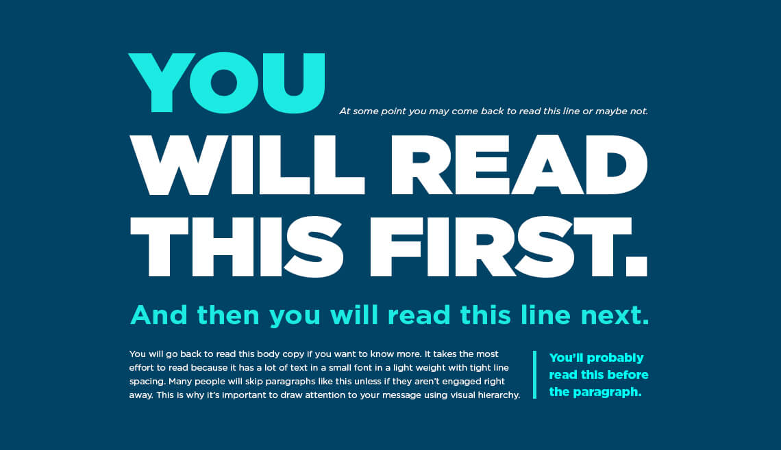 11 graphic design principles to elevate your brand 6 A typography example showcases how size and coloring impact the order in which you read a design of text, featuring bold letters reading "YOU WILL READ THIS FIRST." Graphic Design typography.