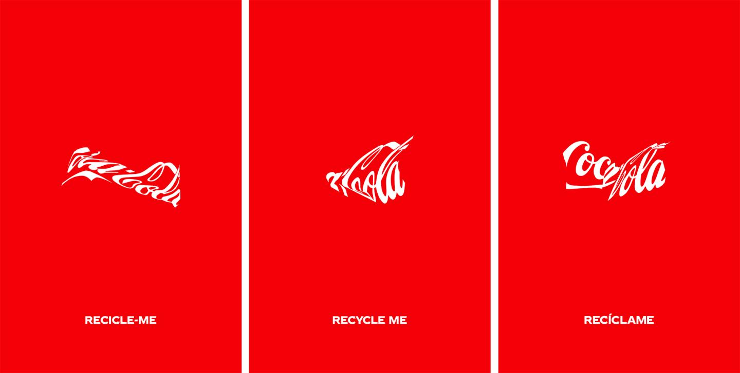 11 graphic design principles to elevate your brand 5 Three views of the Coca-Cola logo bent out of shape as if on a crushed can. Each logo features the words "recycle me" in a different language.