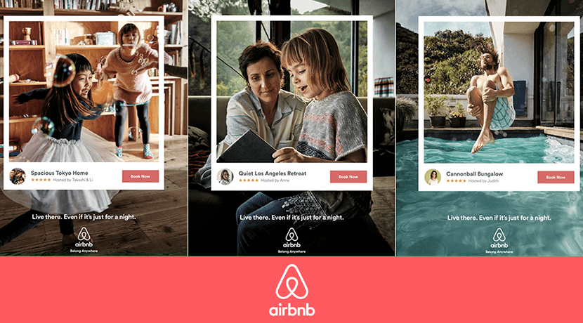 11 graphic design principles to elevate your brand 11 a series of 3 photos of families enjoying airbnb rentals framed as if they're social media posts, featuring 5 star ratings and book now buttons