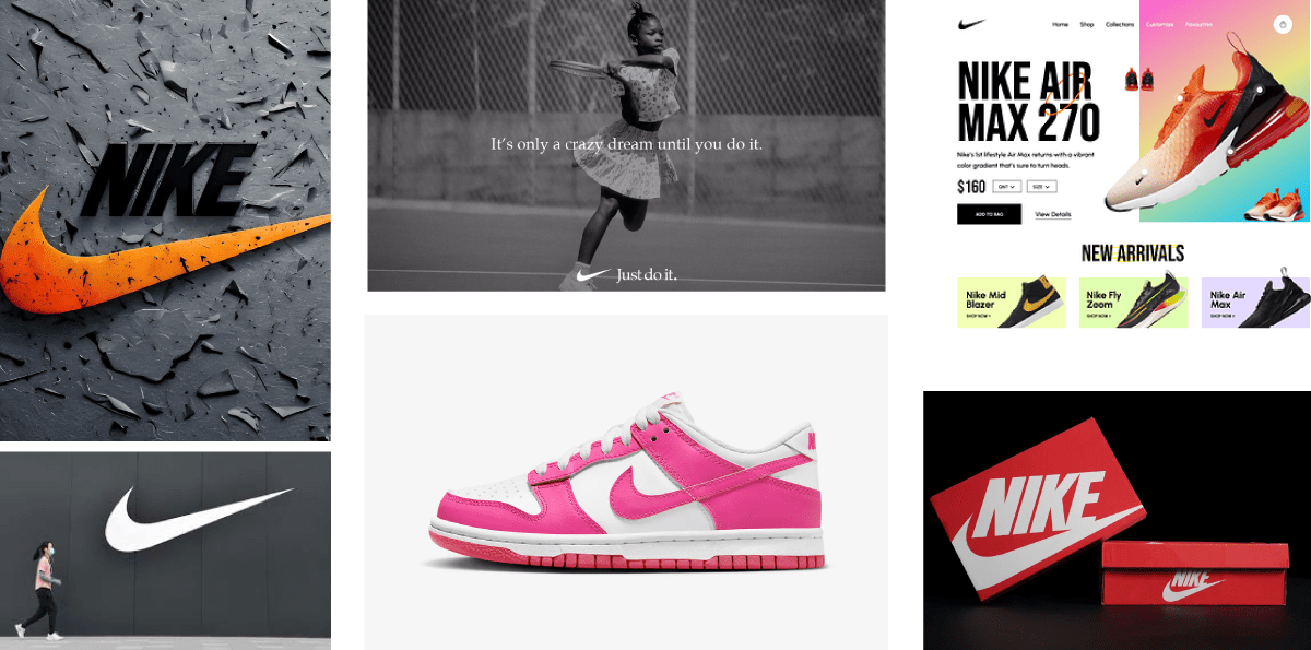 11 graphic design principles to elevate your brand 1 Collage of Nike collateral, product imagery and advertisements showcasing the consistent graphic design use of the swish no matter what the style or subject of the imagery.