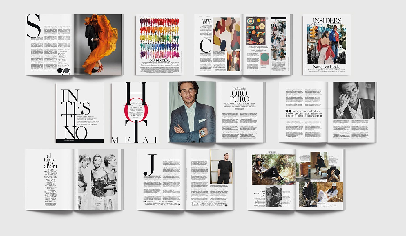 11 graphic design principles to elevate your brand 9 Multiple spreads of Vogue Magazine lay open on a white table surface, showing the brands consistent use of typography. Graphic design typography.