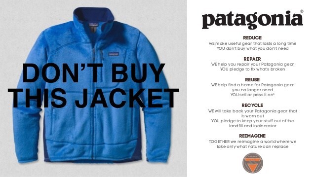 patagonia ad with blue jacket encouraging people to repair and recycle clothes