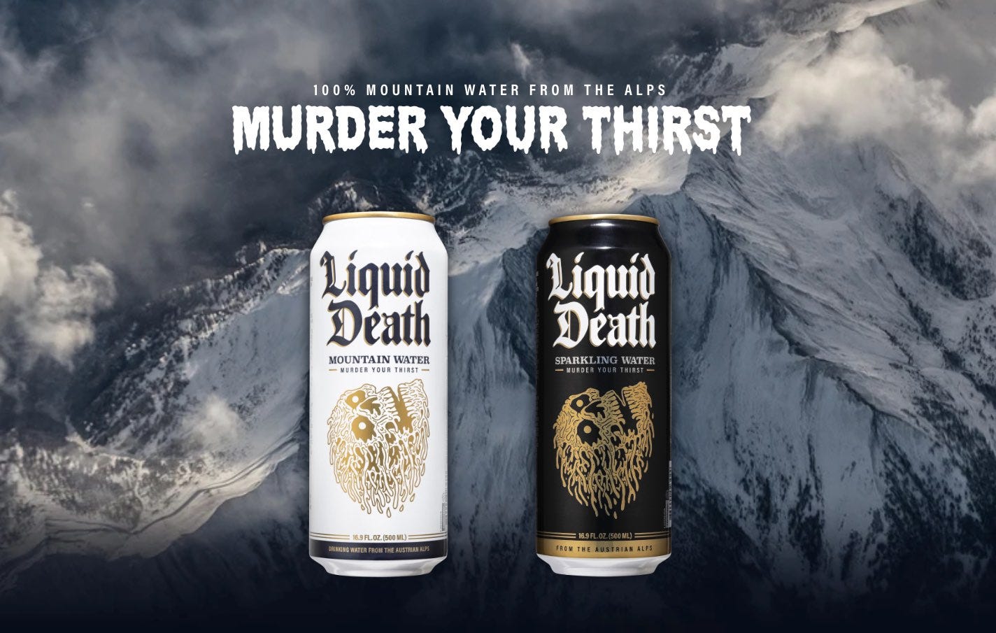 liquid death ad. a white can and black can with mountain backdrop