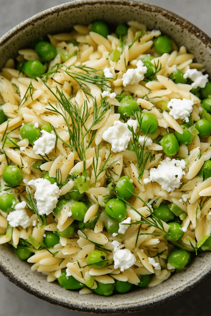 peas and orzo, overhead shot