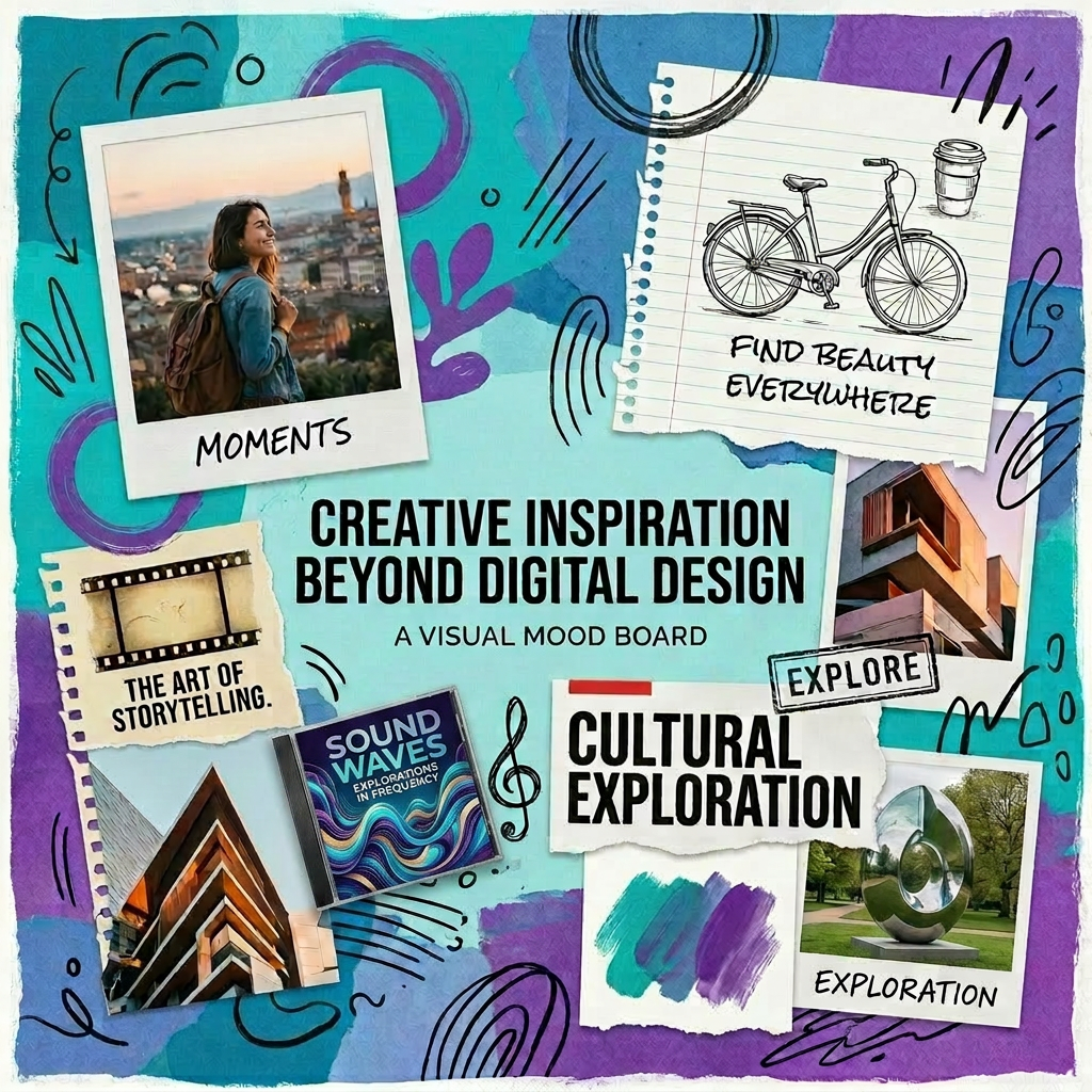 colorful visual mood board with photos, illustrations, color palette. design inspiration.  creative inspiration.